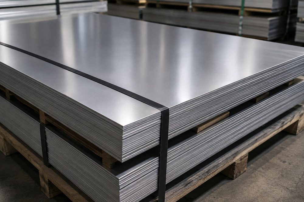 Stacked aluminium sheets on pallets in a warehouse