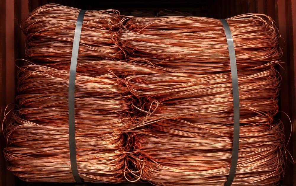 Baled copper wire in a shipping container