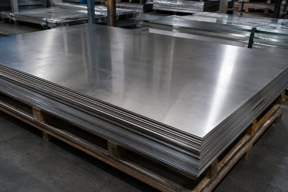 Banded stainless steel sheet stack on pallets