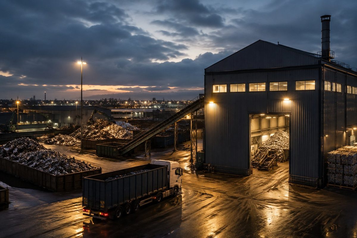 Metals recycling facility at dusk